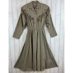 VTG Clues COLLECTIONS Taupe Midi Rockabilly Western-Style Dress Fringe Size 9/10